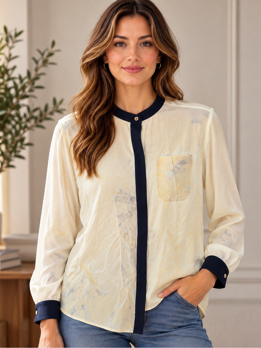 Theory Women’s Ivory & Navy Silk Blouse – Size S